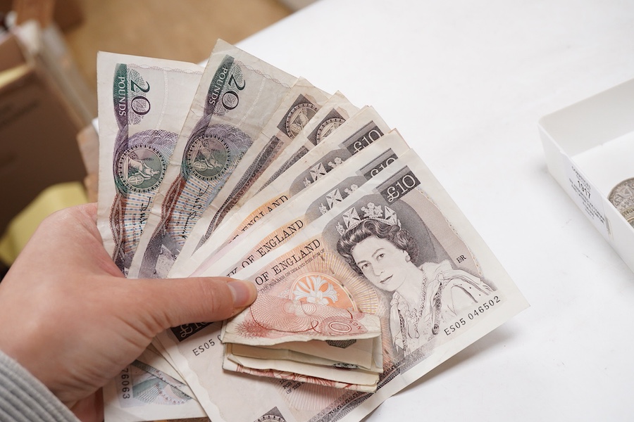 A collection of various banknotes and coins